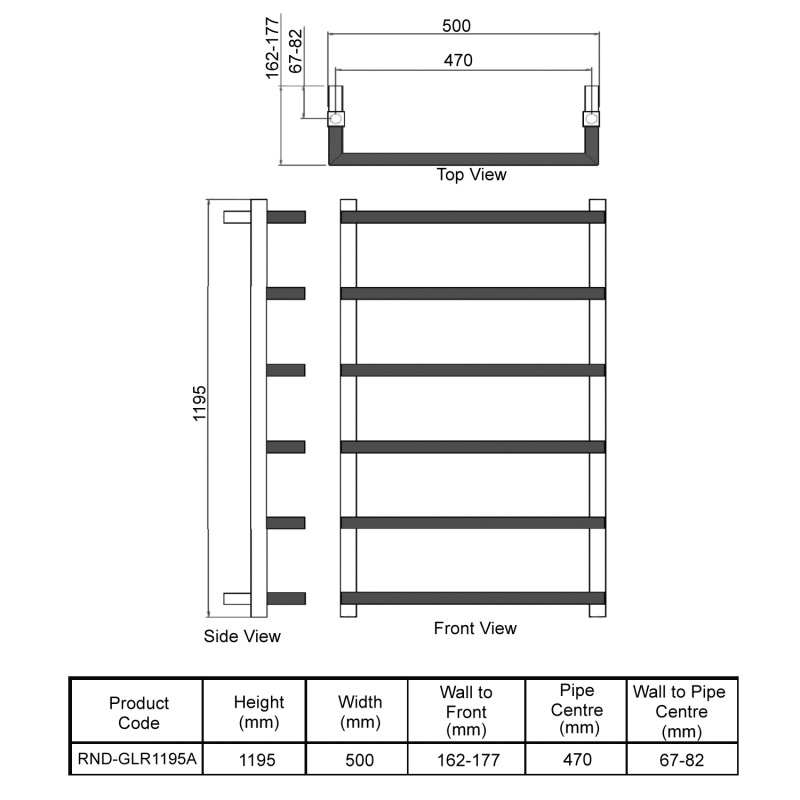 Reina Glora Designer Heated Towel Rail 1195mm H x 500mm W - Anthracite  | Dimension Image