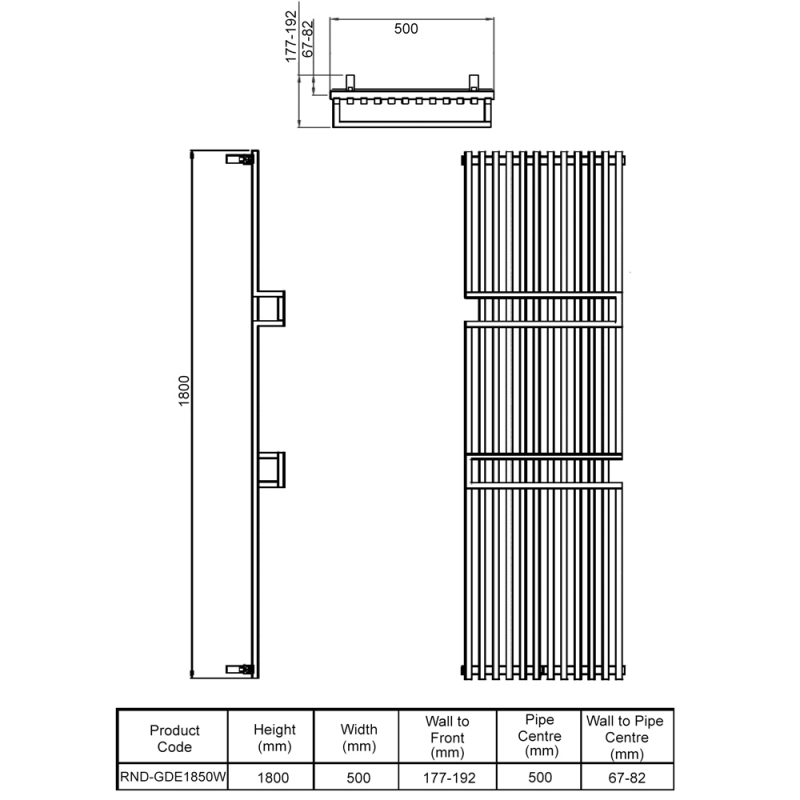 Reina Grande Vertical Designer Radiator 1800mm H x 500mm W - White  | Dimension Image