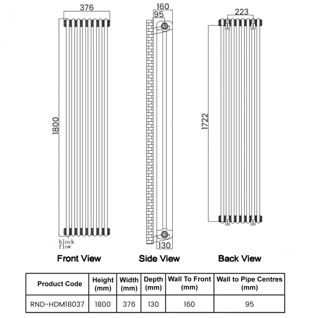 Reina Hedingham 2 Column Designer Vertical Radiator 1800mm H x 375mm W - White  | Dimension Image