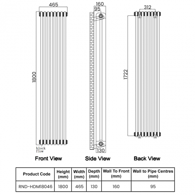 Reina Hedingham 2 Column Designer Vertical Radiator 1800mm H x 465mm W - Black  | Dimension Image