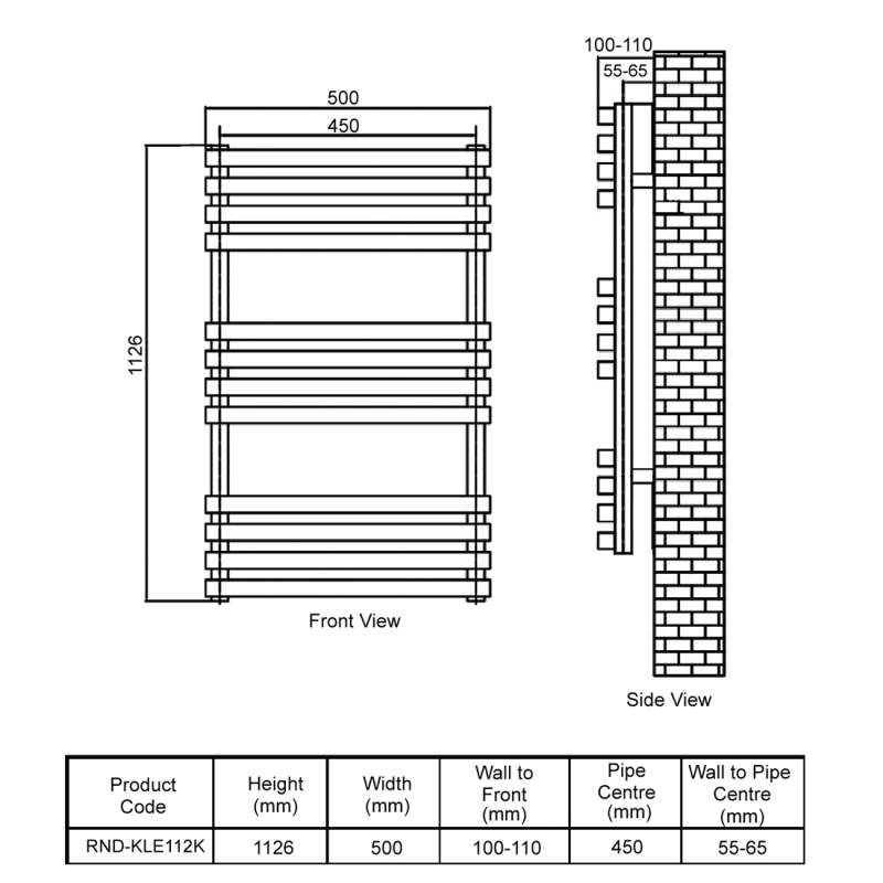 Reina Kale Designer Heated Towel Rail 1126mm H x 500mm W - Black  | Dimension Image