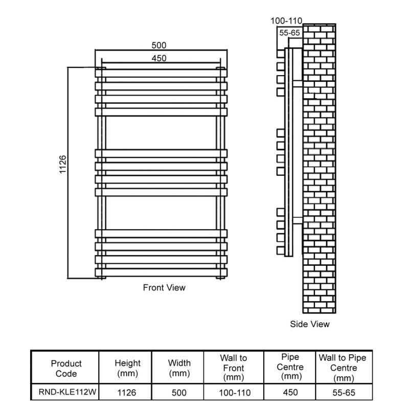 Reina Kale Designer Heated Towel Rail 1126mm H x 500mm W - White  | Dimension Image