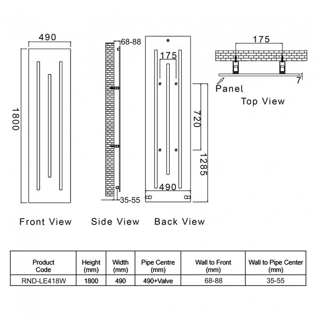 Reina Line Designer Vertical Radiator 1800mm H x 490mm W White
