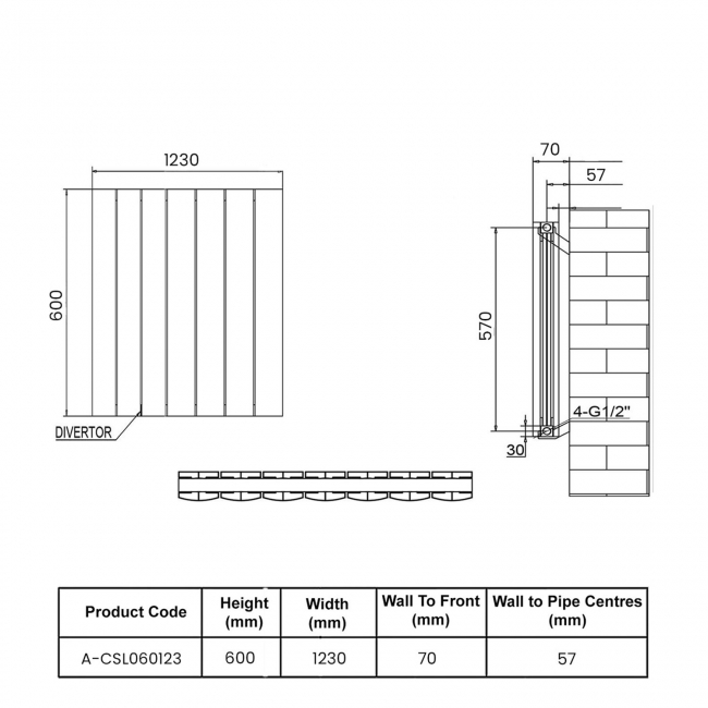 Reina Loco Double Horizontal Aluminium Radiator 600mm H x 1230mm W - Anthracite  | Dimension Image