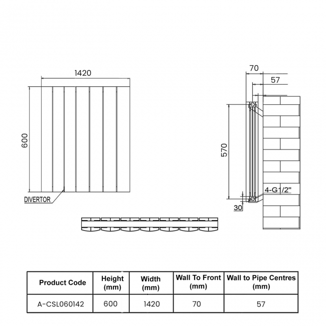 Reina Loco Double Horizontal Aluminium Radiator 600mm H x 1420mm W - White  | Dimension Image