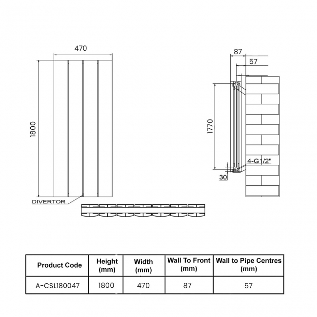 Reina Loco Double Vertical Aluminium Radiator 1800mm H x 470mm W - White  | Dimension Image