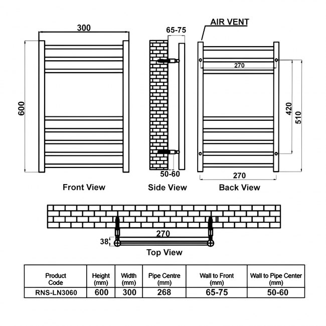 Reina Luna Straight Heated Towel Rail 600mm H x 300mm W Stainless Steel