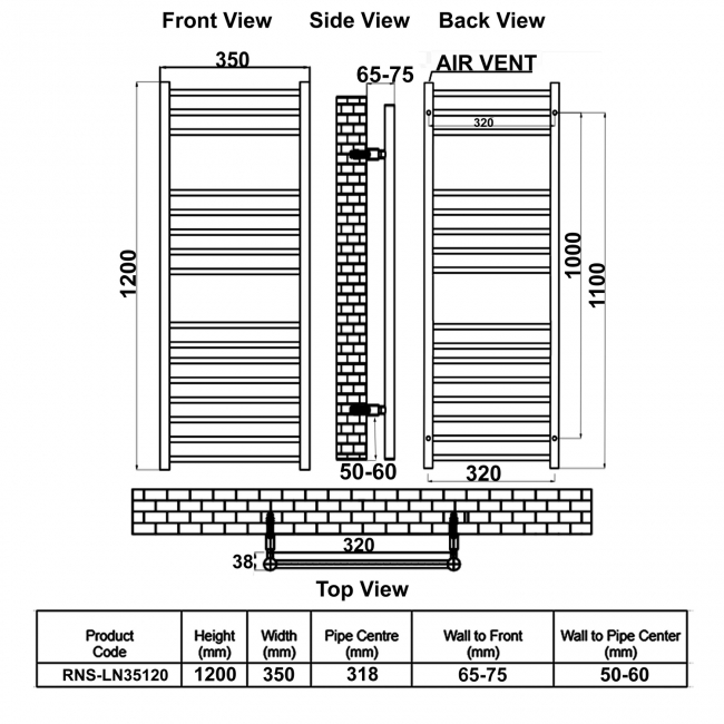 Reina Luna Straight Heated Towel Rail 1200mm H x 350mm W Stainless Steel