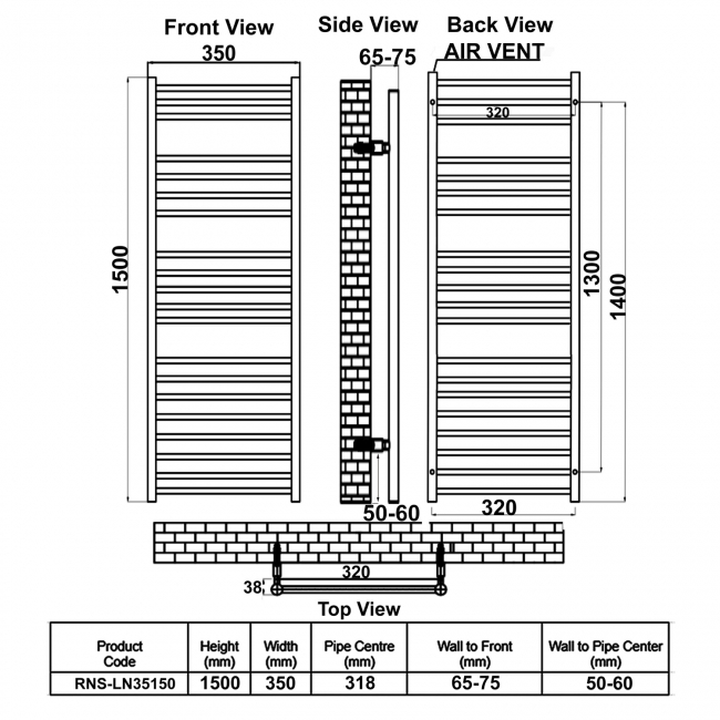 Reina Luna Straight Heated Towel Rail 1500mm H x 350mm W Stainless Steel