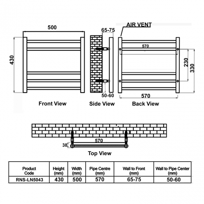 Reina Luna Straight Heated Towel Rail 430mm H x 500mm W Stainless Steel
