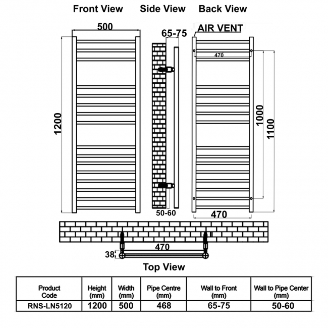 Reina Luna Straight Heated Towel Rail 1200mm H x 500mm W Stainless Steel