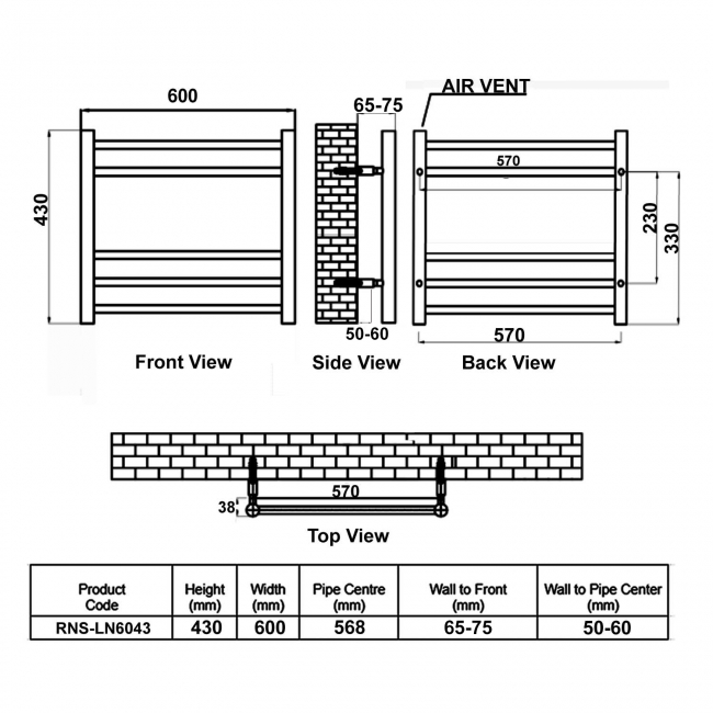 Reina Luna Straight Heated Towel Rail 430mm H x 600mm W Stainless Steel