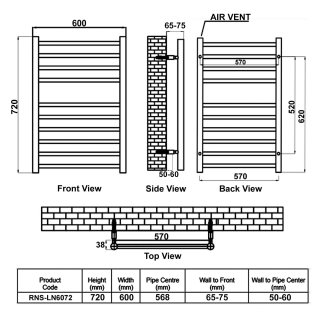 Reina Luna Straight Heated Towel Rail 720mm H x 600mm W Stainless Steel