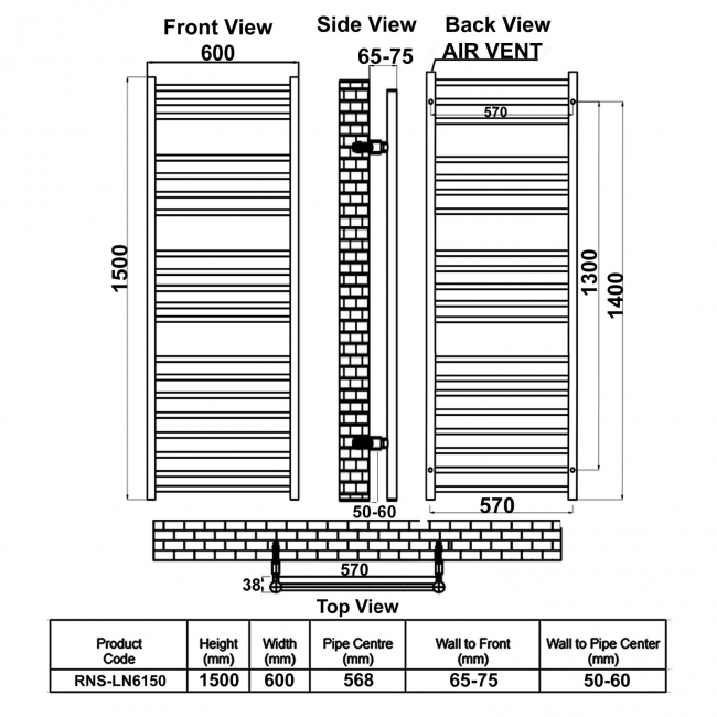 Reina Luna Straight Heated Towel Rail 1500mm H x 600mm W Stainless Steel