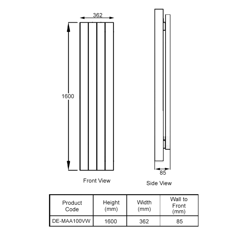 Reina Maia Designer Electric Vertical Radiator 1600mm H x 362mm W - White