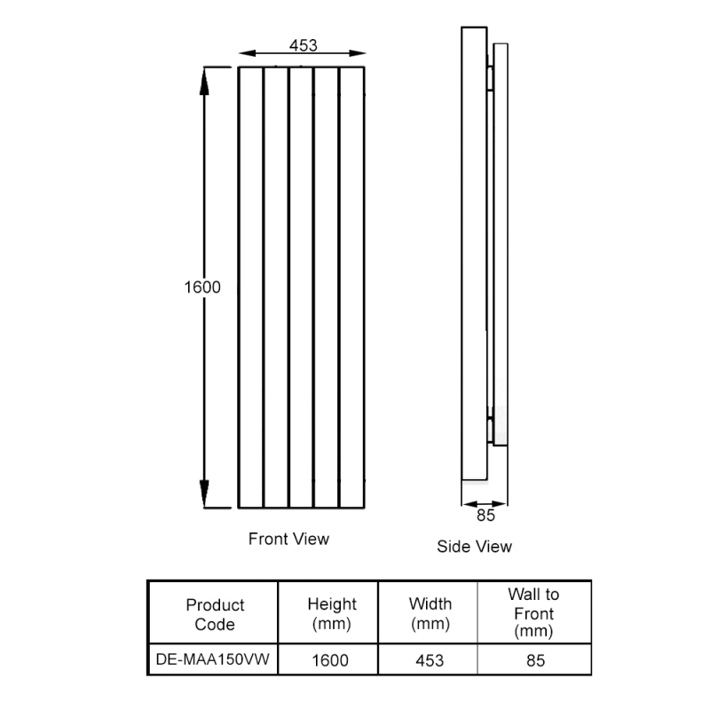 Reina Maia Designer Electric Vertical Radiator 1600mm H x 453mm W - White
