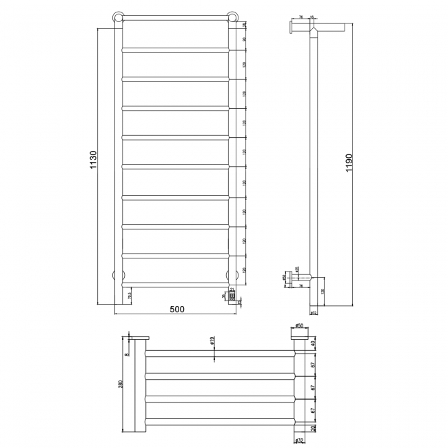 Reina Maira Designer Electric Heated Towel Rail 1190mm H x 500mm W - Polished  | Dimension Image