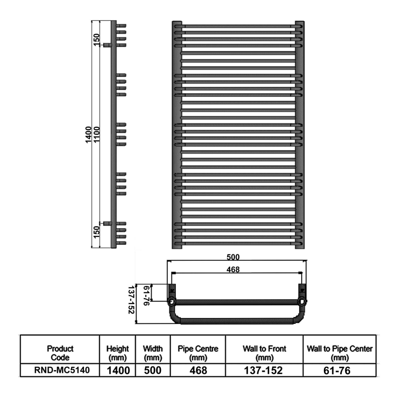 Reina Marco Designer Heated Towel Rail 1400mm H x 500mm W Chrome
