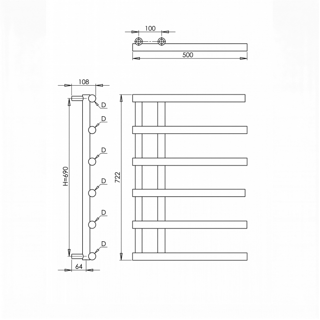 Reina Matera Heated Towel Rail 722mm H x 500mm W Brushed Brass  | Dimension Image