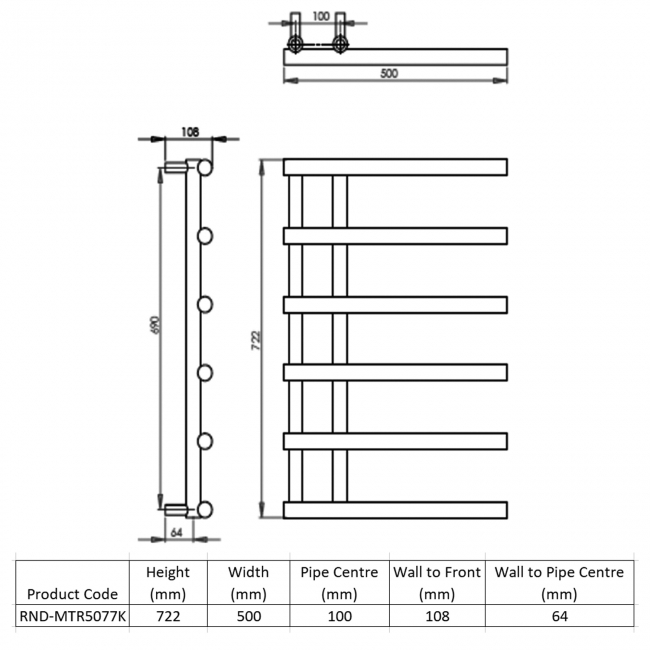 Reina Matera Heated Towel Rail 722mm H x 500mm W Black  | Dimension Image