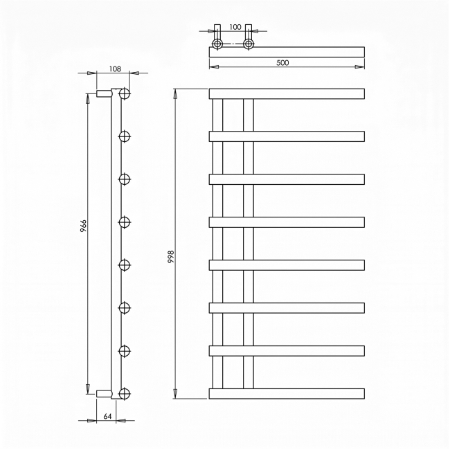 Reina Matera Heated Towel Rail 998mm H x 500mm W Chrome  | Dimension Image