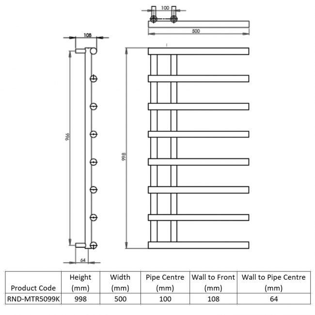 Reina Matera Heated Towel Rail 998mm H x 500mm W Black  | Dimension Image
