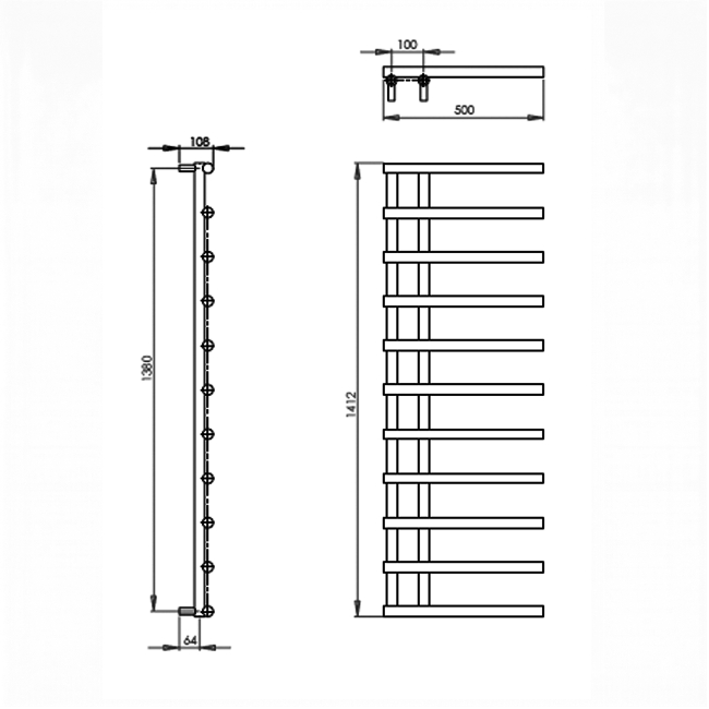 Reina Matera Heated Towel Rail 1412mm H x 500mm W Brushed Brass  | Dimension Image