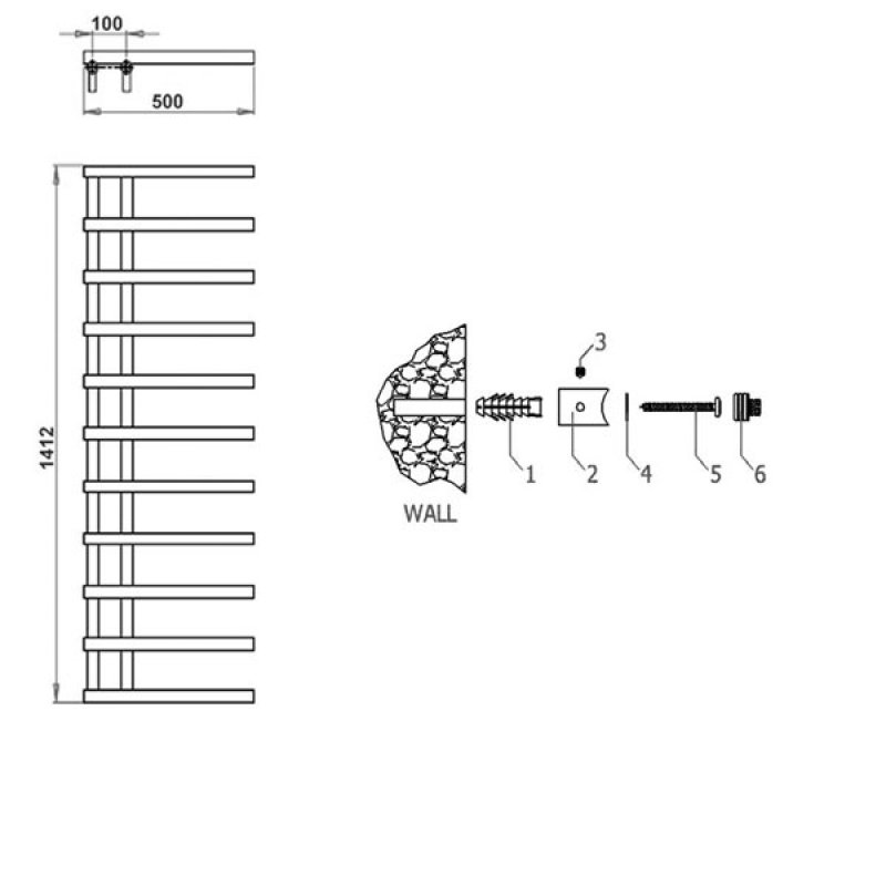 Reina Matera Heated Towel Rail 1412mm H x 500mm W Chrome  | Dimension Image
