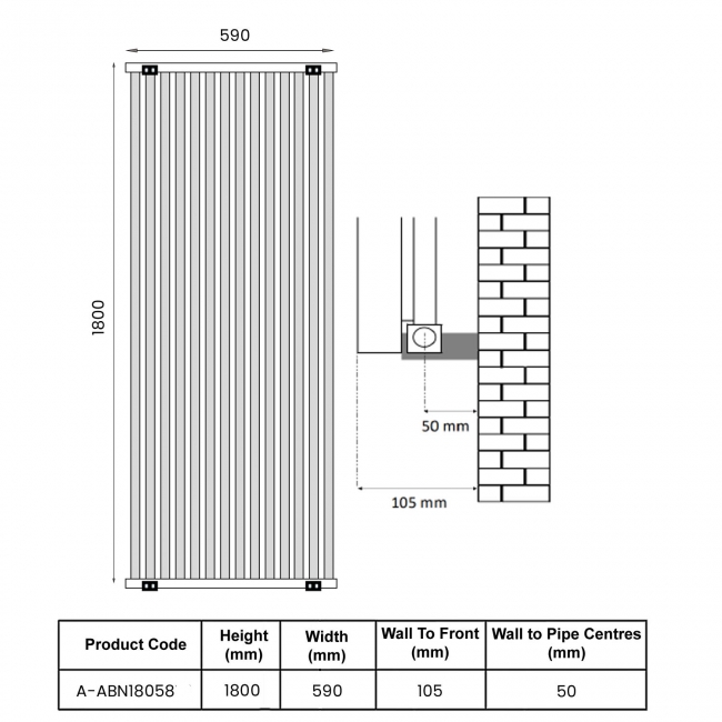 Reina Melvin Designer Vertical Aluminium Radiator 1800mm H x 360mm W - Black  | Dimension Image