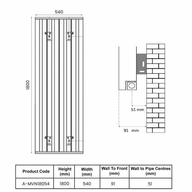 Reina Melvin Designer Vertical Aluminium Radiator 1800mm H x 540mm W - Brass  | Dimension Image
