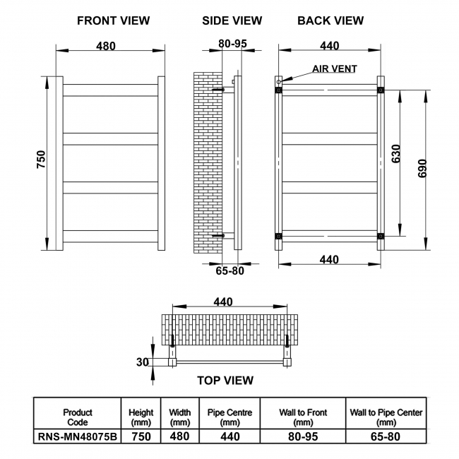 Reina Mina Square Tube Heated Towel Rail 750mm H x 470mm W Brushed Stainless Steel
