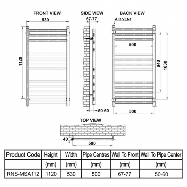 Reina Misa Designer Heated Towel Rail 1120mm H x 530mm W Polished Stainless Steel  | Dimension Image
