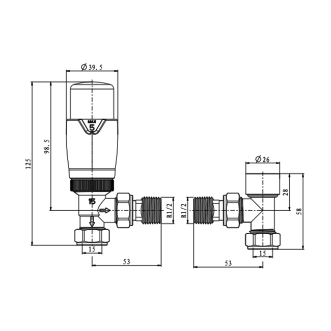 Reina Modal TRV Angled Radiator Valve and LockShield - White
