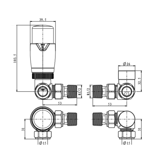 Reina Modal TRV Corner Radiator Valve and Lockshield Black