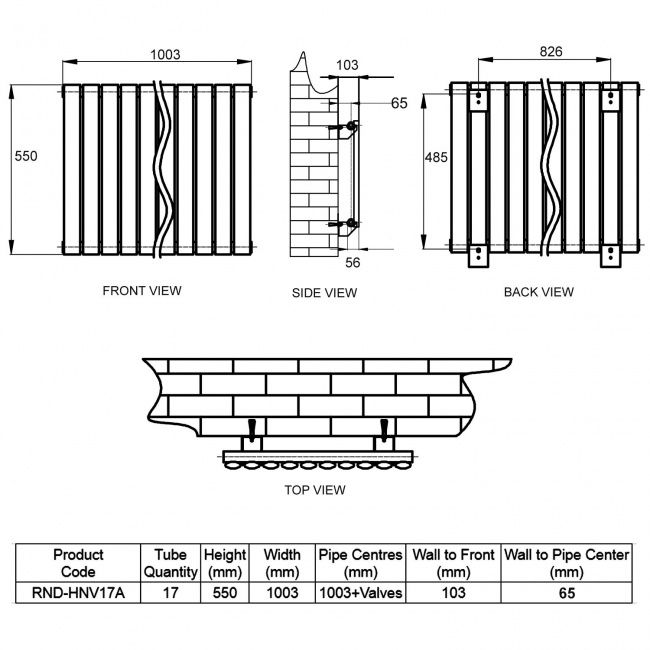 Reina Neva Designer Radiator 550mm H x 1003mm W Single Anthracite  | Dimension Image