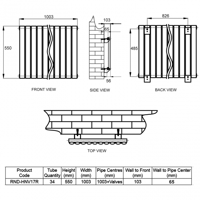 Reina Neva Single Designer Horizontal Radiator 550mm H x 1003mm W RAL  | Dimension Image