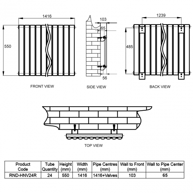 Reina Neva Single Designer Horizontal Radiator 550mm H x 1416mm W RAL