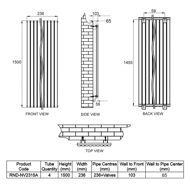 Reina Neva Designer Radiator 1500mm H x 236mm W Single Anthracite