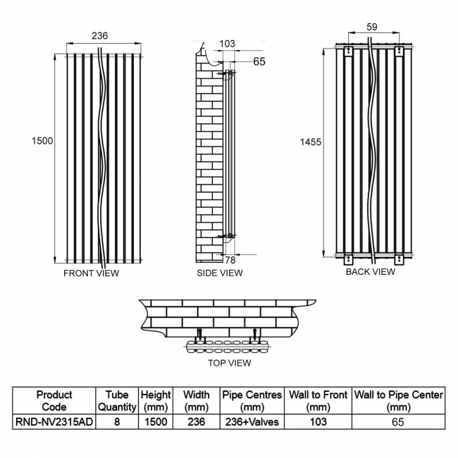 Reina Neva Designer Radiator 1500mm H x 236mm W Double Anthracite