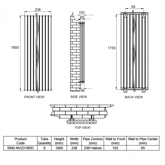 Reina Neva Double Designer Radiator 1800mm H x 236mm W - RAL  | Dimension Image