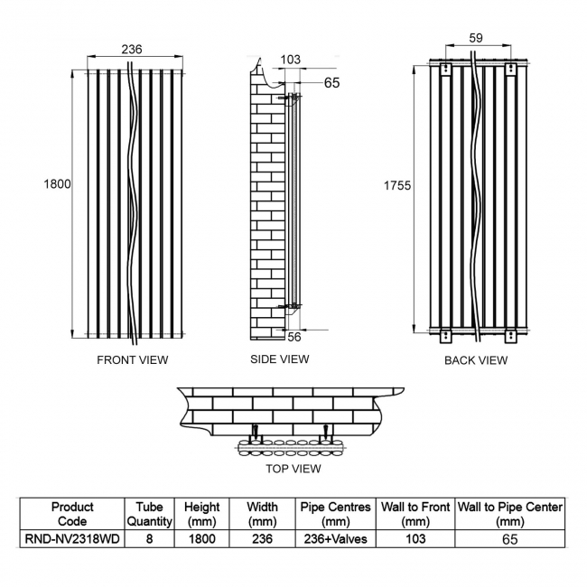 Reina Neva Designer Radiator 1800mm H x 236mm W Double White