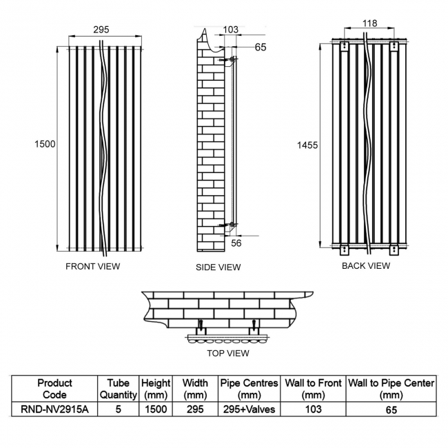 Reina Neva Single Designer Vertical Radiator 1500mm H x 295mm W Anthracite