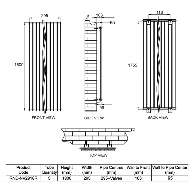 Reina Neva Single Designer Vertical Radiator 1800mm H x 295mm W RAL