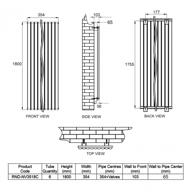 Reina Neva Designer Radiator 1800mm H x 354mm W Single Chrome