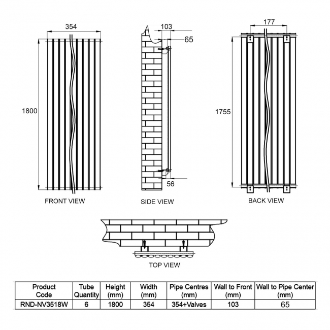 Reina Neva Designer Radiator 1800mm H x 354mm W Single White
