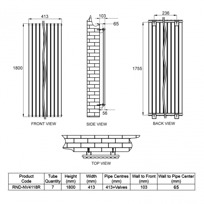 Reina Neva Single Designer Vertical Radiator 1800mm H x 413mm W RAL