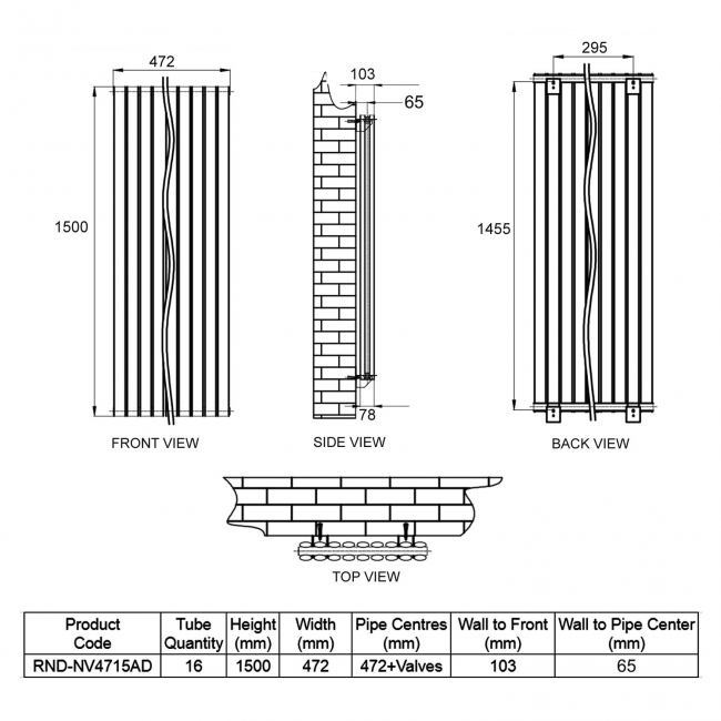 Reina Neva Designer Radiator 1500mm H x 472mm W Double Anthracite