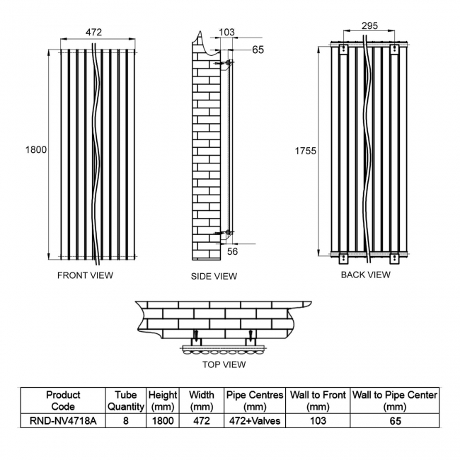 Reina Neva Single Designer Vertical Radiator 1800mm H x 472mm W - Anthracite