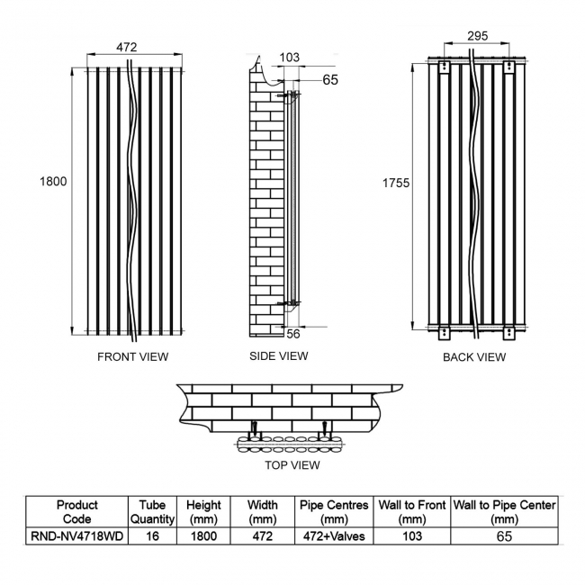 Reina Neva Designer Radiator 1800mm H x 472mm W Double White