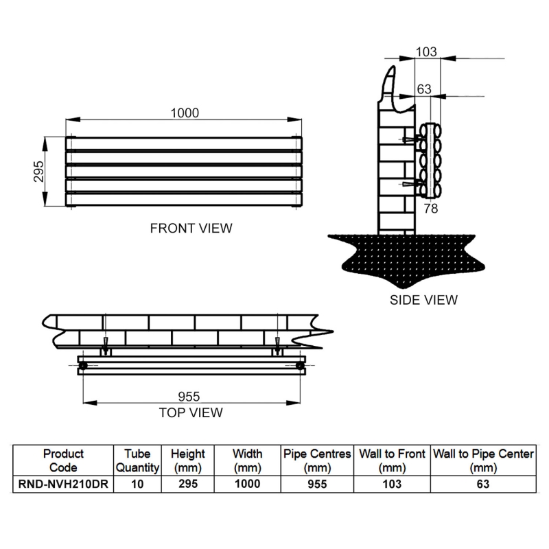 Reina Nevah Double Designer Horizontal Radiator 295mm H x 1000mm W RAL  | Dimension Image